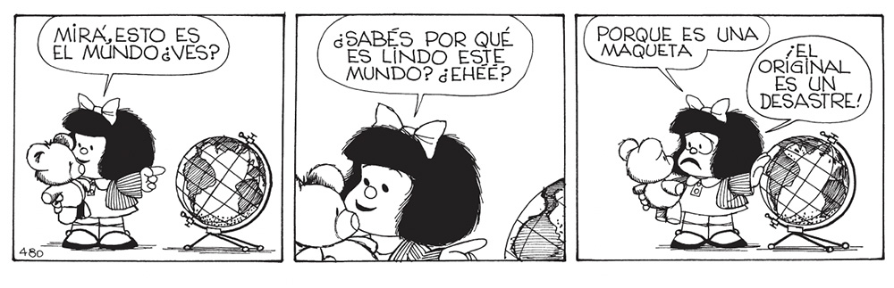Viñeta de Mafalda con diálogo sobre el mundo 